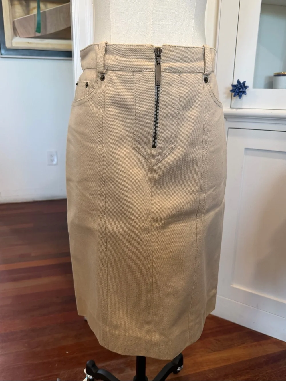 Louis Vuitton Beige Midi Pencil Skirt with Front Zip